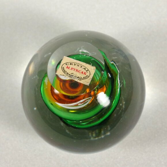 Signed Marian Pyrcak Handblown Crystal Art Glass Paperweight Green Copper Poland - Picture 5 of 5